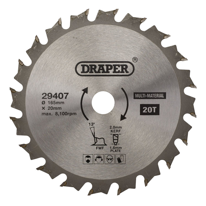 Draper TCT Multi-Purpose Circular Saw Blade, 165 x 20mm, 20T 29407 Draper - Dynamic Drive