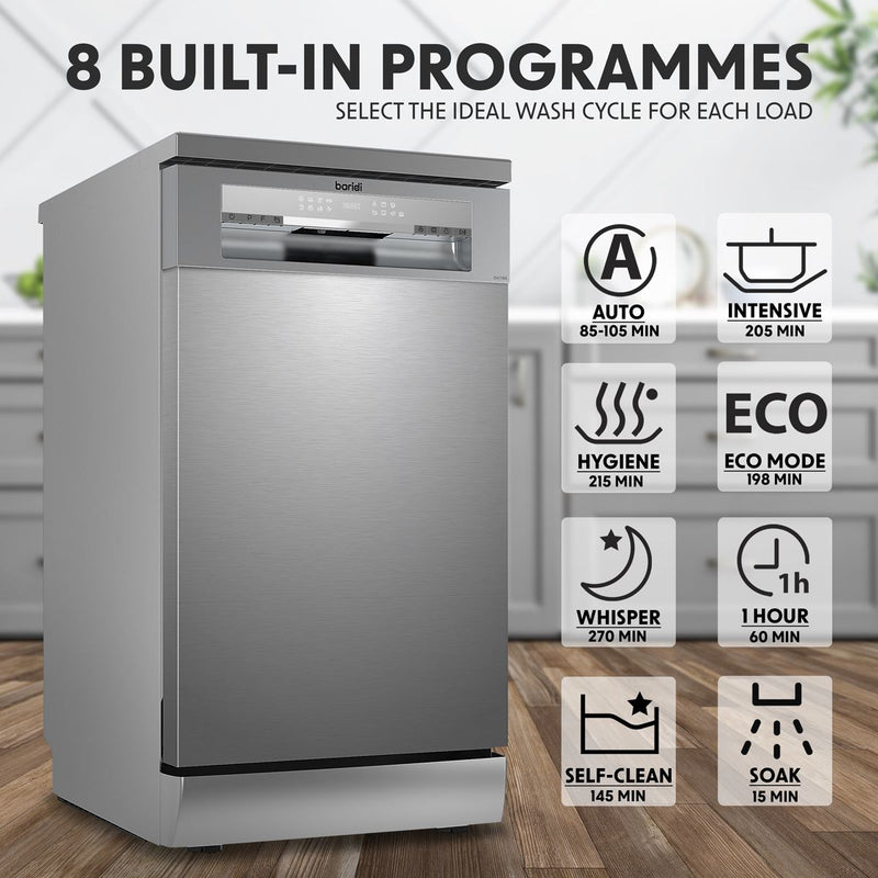 Baridi Slimline Freestanding Dishwasher 45cm Wide 10 Place Settings - Silver Baridi - Dynamic Drive