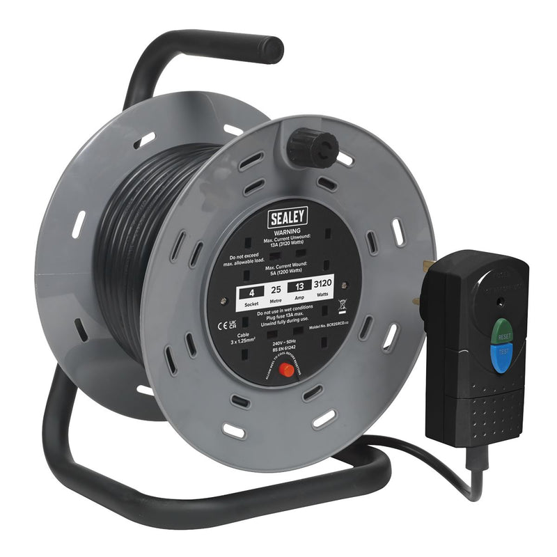 Sealey Cable Reel 25m 4 x 230V 1.25mmï Thermal Trip with RCD Plug BCR25RCD Sealey - Dynamic Drive