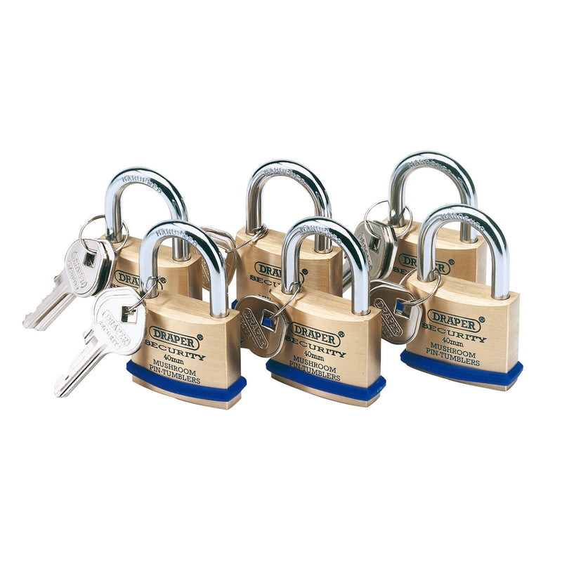 Draper Solid Brass Padlocks with Hardened Steel Shackle, 40mm (Pack of 6) 67659 Draper - Dynamic Drive