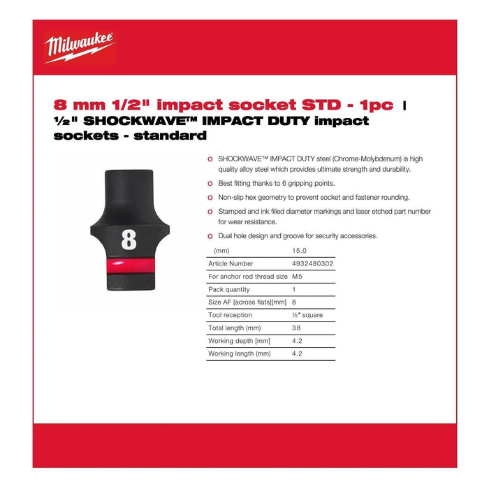 Milwaukee Hex Socket Shw 1/2 Std 8mm-1Pc 4932480302 Milwaukee - Dynamic Drive