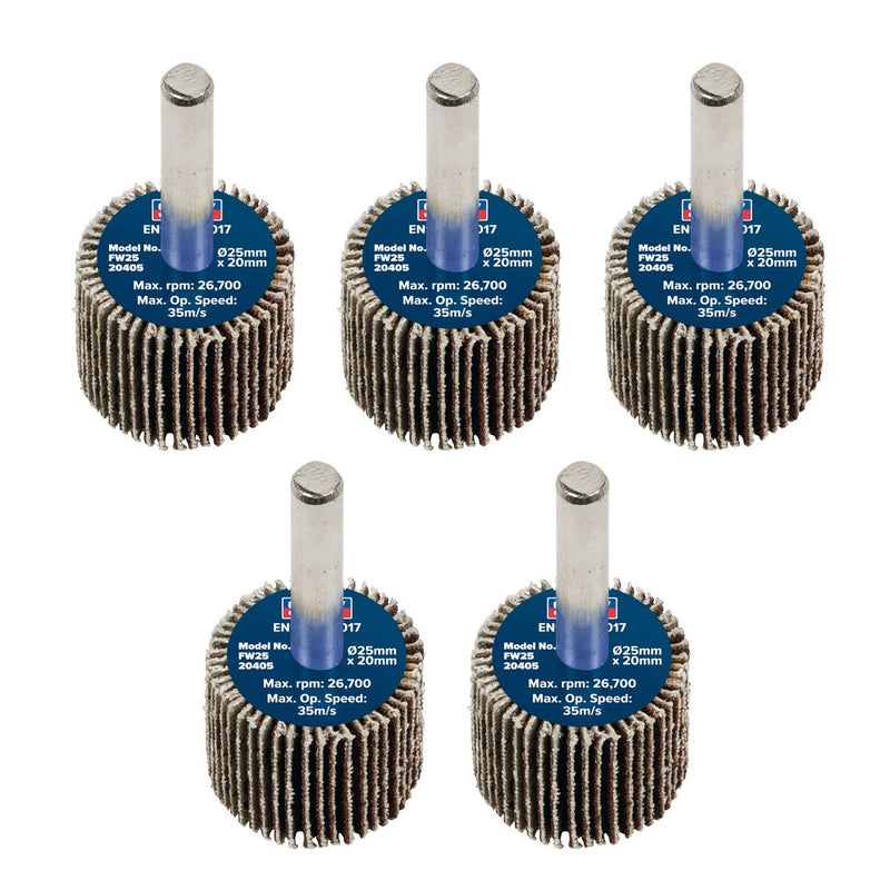 Sealey 25 x 20mm Abrasive Flap Wheel on 6mm Shaft 40Grit - Pack of 5 FW2520405 Sealey - Dynamic Drive