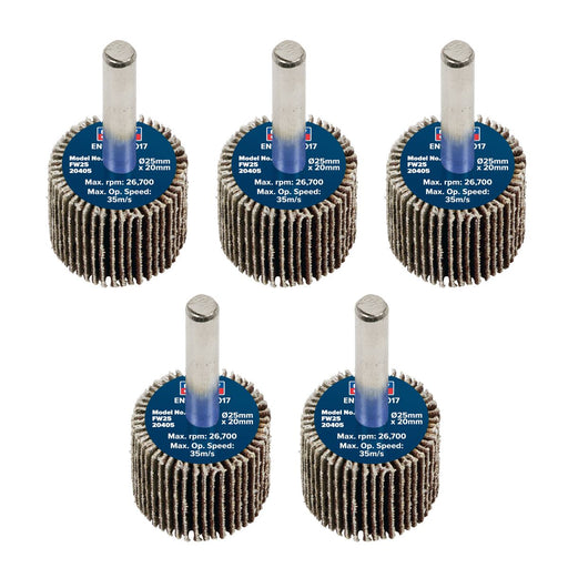 Sealey 25 x 20mm Abrasive Flap Wheel on 6mm Shaft 40Grit - Pack of 5 FW2520405 Sealey - Dynamic Drive