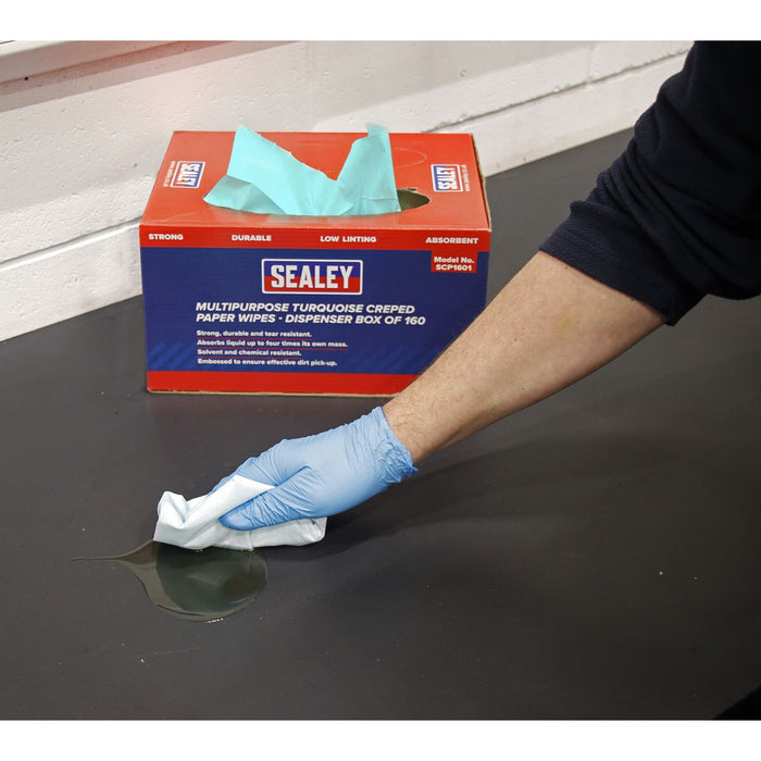 Sealey Paper Wipes in Dispenser Box - Creped Turquoise 69gsm x 160 SCP1601 Sealey  - Dynamic Drive