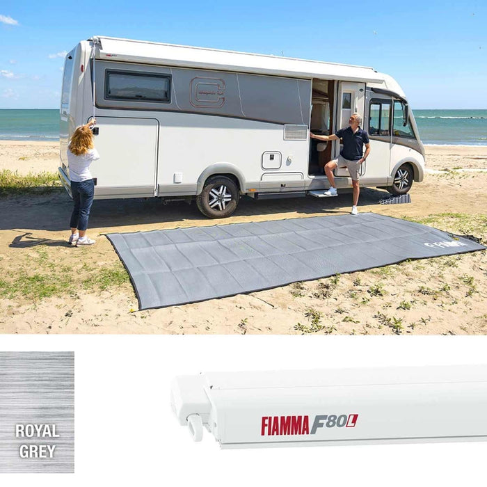 Fiamma F80L 600 Awning Polar White - Royal Grey (07840M03R) Winch Handle Roof Mounted Fiamma - Dynamic Drive