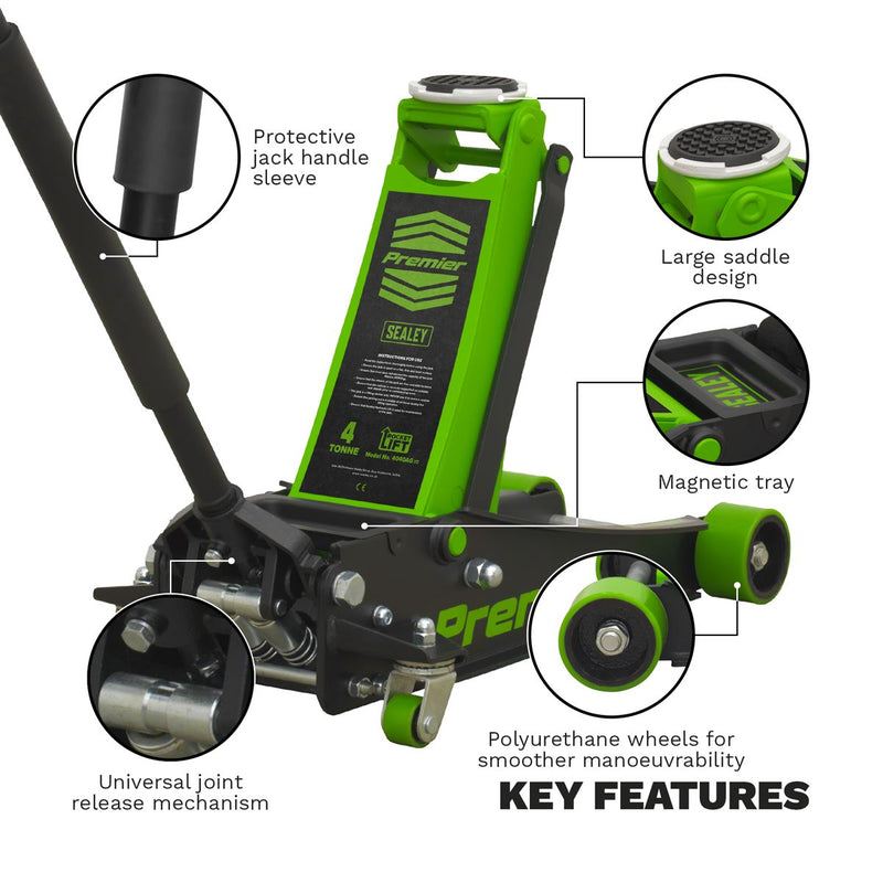 Sealey Premier Premier Low Profile Trolley Jack with Rocket Lift 4 Tonne - Green Sealey Premier - Dynamic Drive