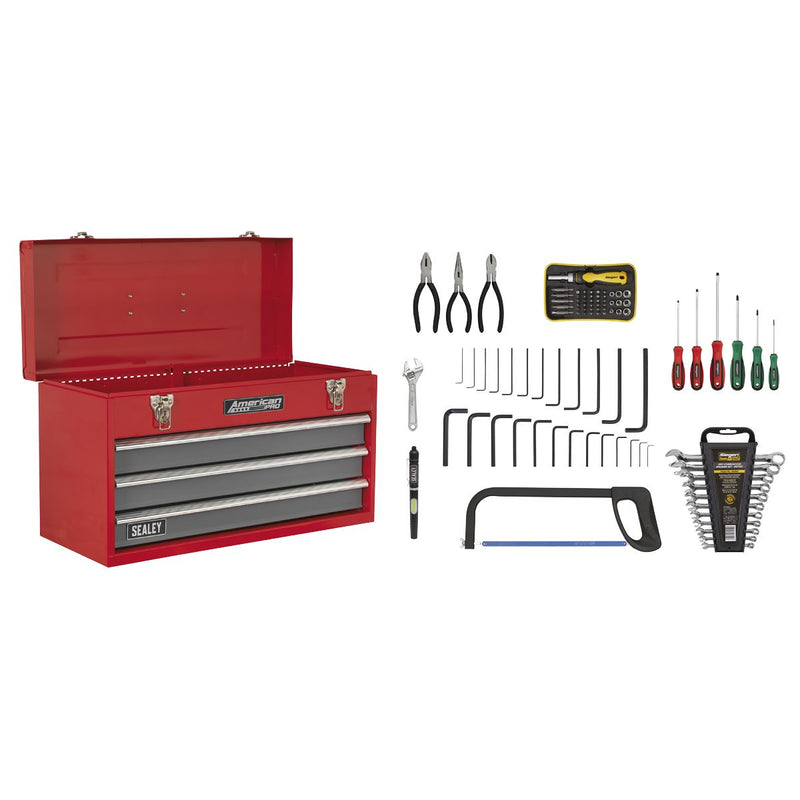 Sealey Portable Tool Chest 3 Drawer with Ball-Bearing Slides Red/Grey & 93pc Too Sealey - Dynamic Drive