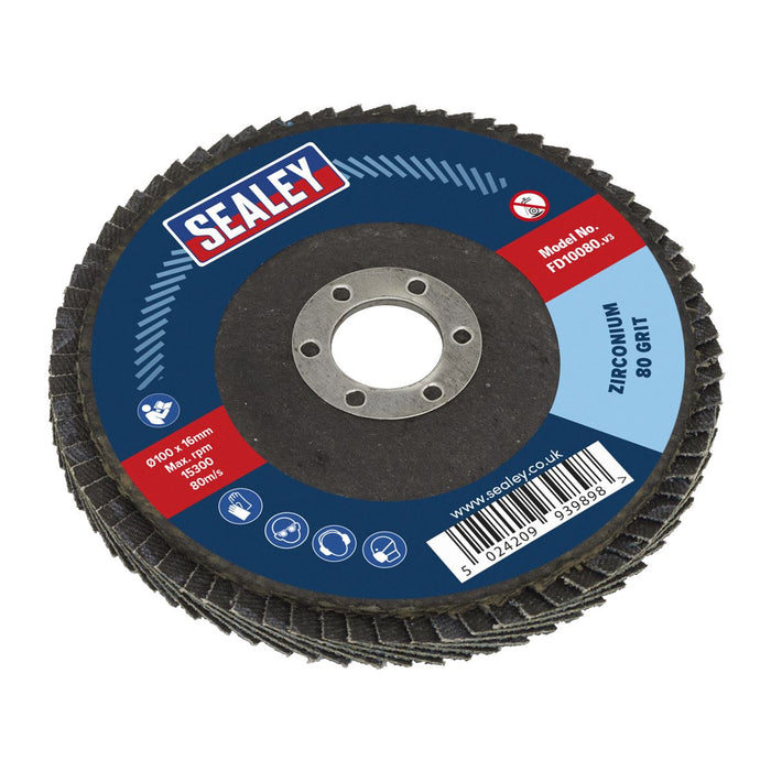 Sealey Flap Disc Zirconium 100mm 16mm Bore 80Grit FD10080 Sealey  - Dynamic Drive