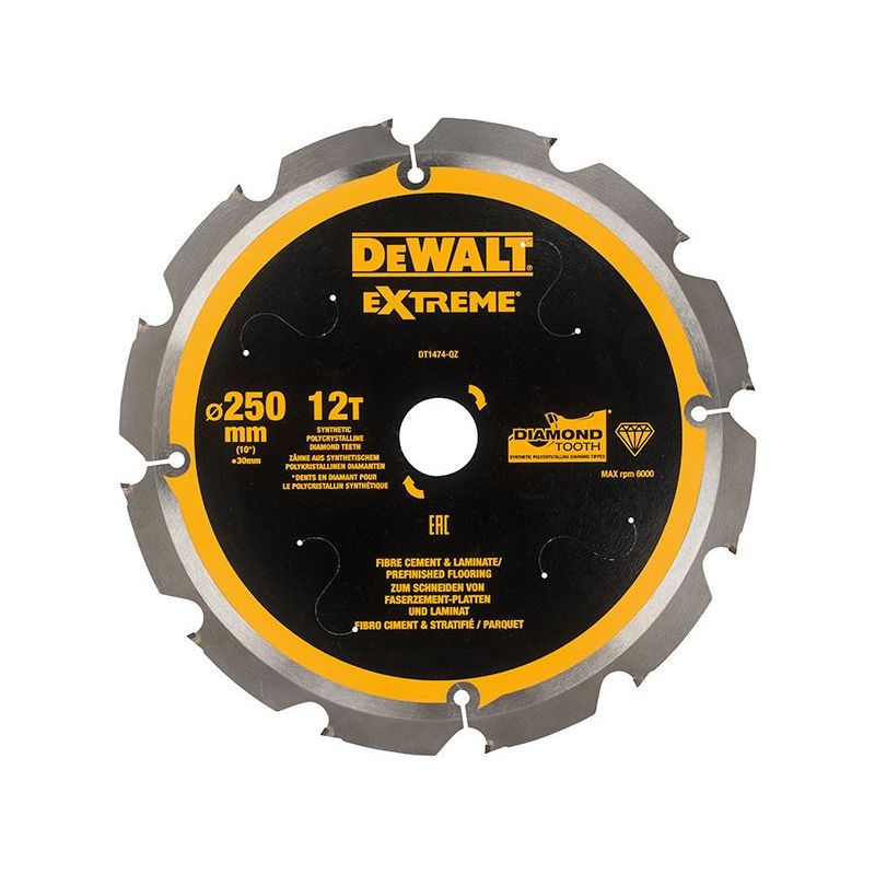 Dewalt Power Tools Extreme PCD Fibre Cement Saw Blade 250 x 30mm x 12T DeWALT Power Tools - Dynamic Drive