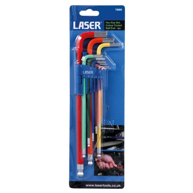 Laser Colour Coded Hex Key Set - Ball End 9pc 7869 Laser - Dynamic Drive