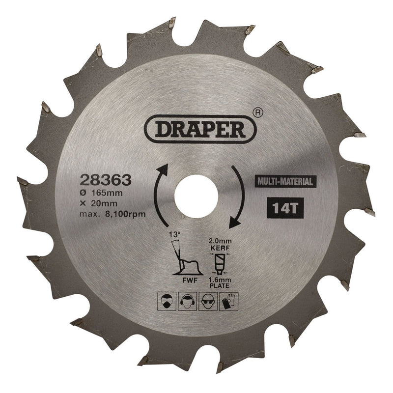 Draper TCT Multi-Purpose Circular Saw Blade, 165 x 20mm, 14T 28363 Draper - Dynamic Drive