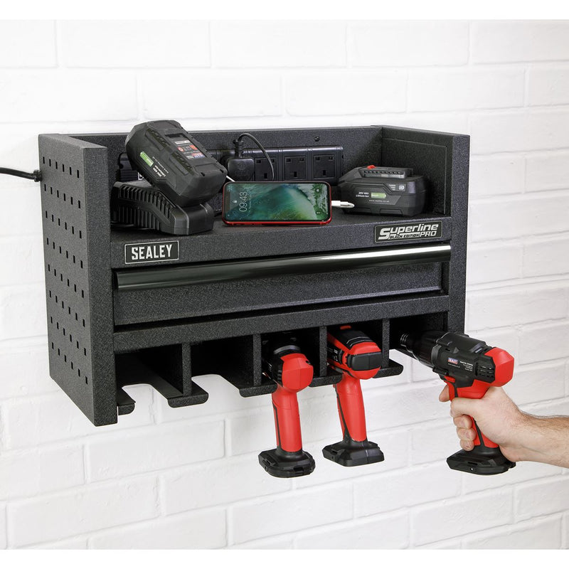 Sealey Power Tool Storage Rack 560mm with Drawer & Power Strip AP22SRBE Sealey - Dynamic Drive