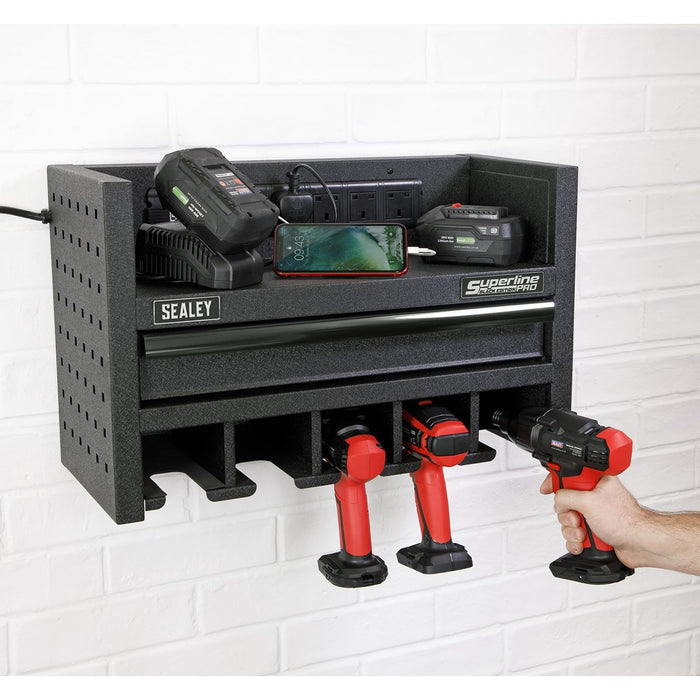 Sealey Power Tool Storage Rack 560mm with Drawer & Power Strip AP22SRBE Sealey - Dynamic Drive