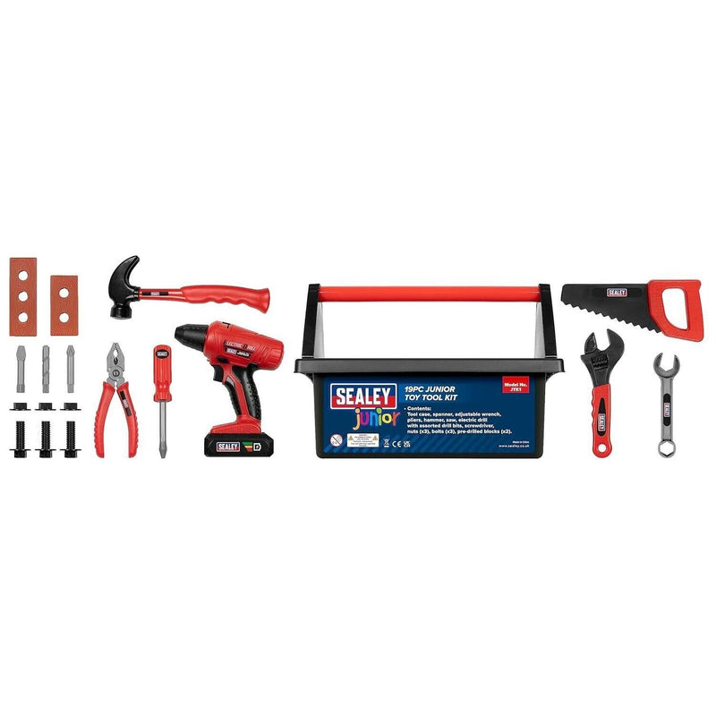 Sealey JTK 19 Piece Childrens Kids DIY Toy Hand Tool & Drill Kit With Tool Box Sealey - Dynamic Drive