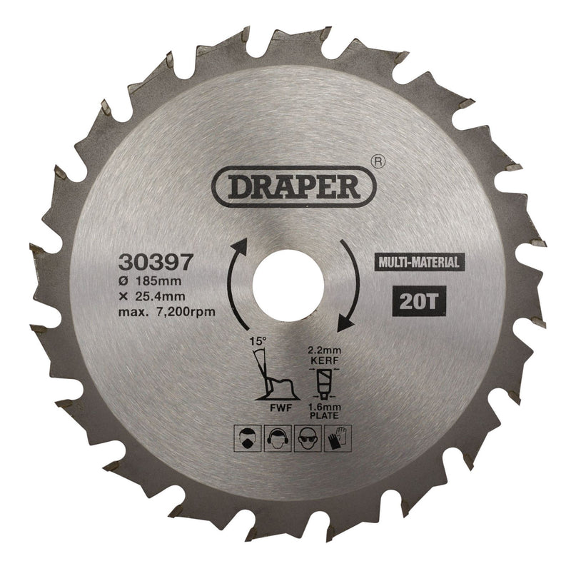 Draper TCT Multi-Purpose Circular Saw Blade, 185 x 25.4mm, 20T 30397 Draper - Dynamic Drive