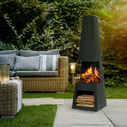 Dellonda Outdoor Chiminea Fireplace Fire Pit Heater Firewood Storage Black Steel Dellonda  - Dynamic Drive