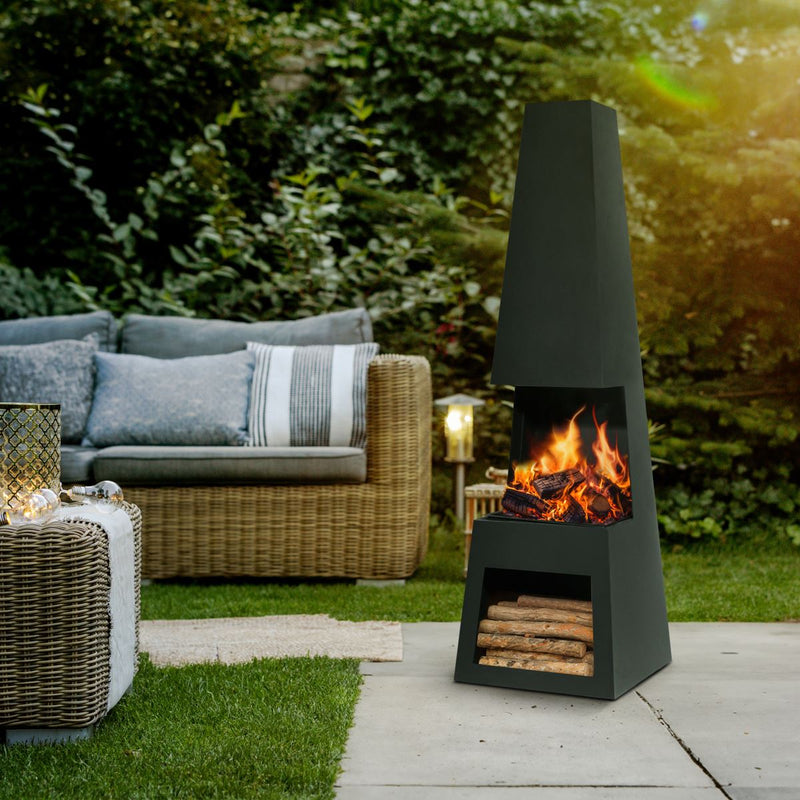 Dellonda Outdoor Chiminea Fireplace Fire Pit Heater Firewood Storage Black Steel Dellonda  - Dynamic Drive