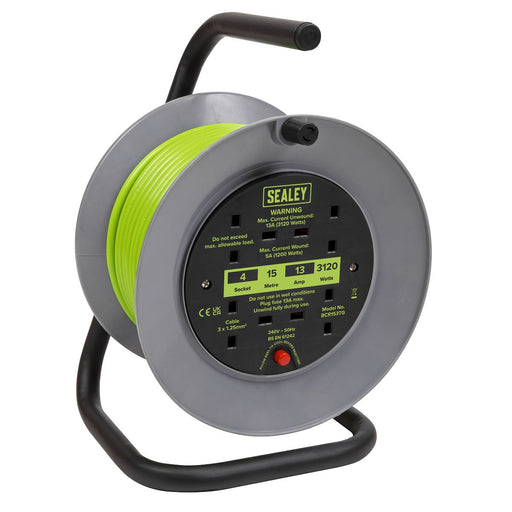 Sealey 15m Cable Reel with Thermal Trip 4 x 230V - Hi-Vis Green BCR153TG Sealey - Dynamic Drive