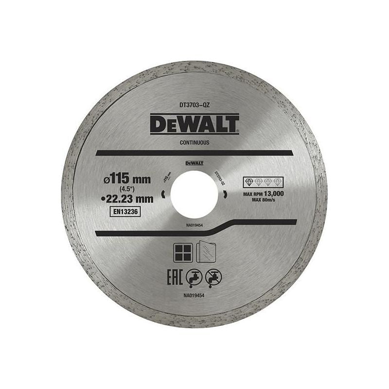Dewalt Power Tools DT3711 Continuous Rim Diamond Cutting Disc 115 x 22.23mm DeWALT Power Tools - Dynamic Drive