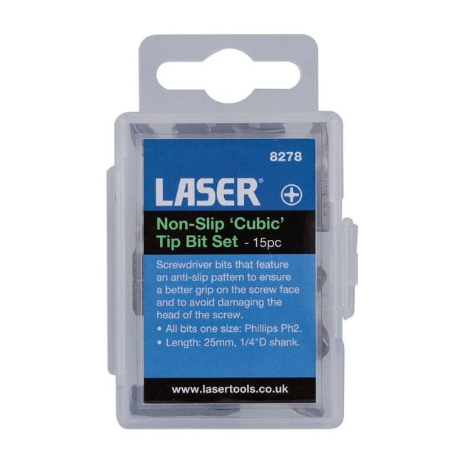 Laser Non-Slip 'Cubic' Tip Bit Set Ph2 15pc 8278 Laser - Dynamic Drive