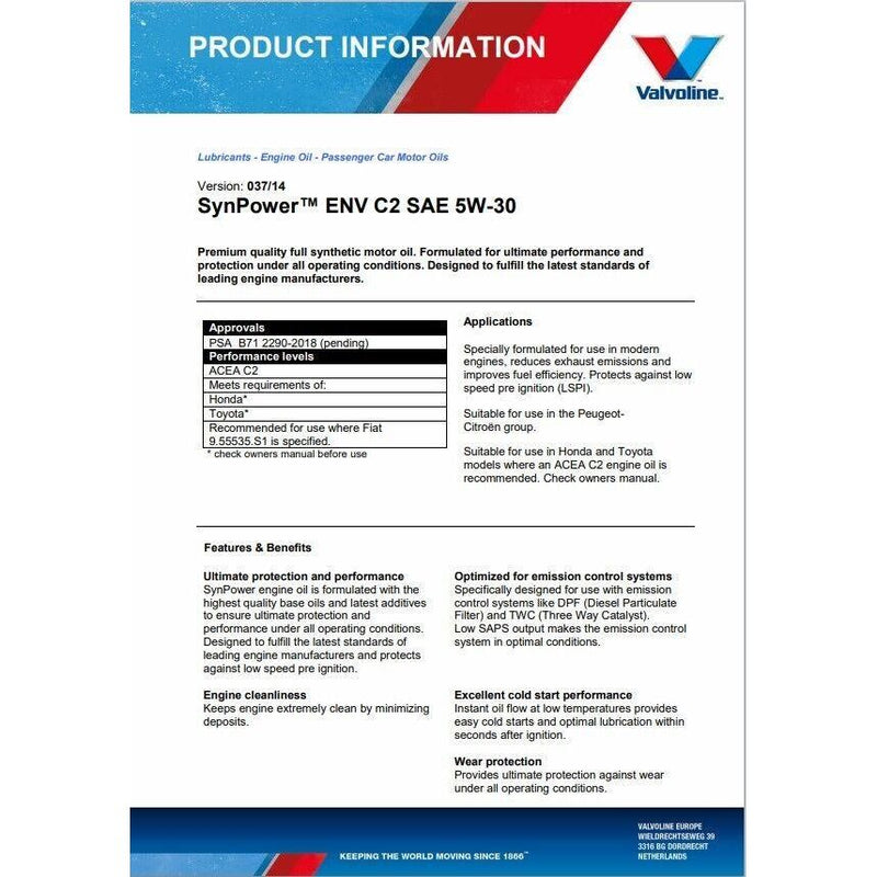 Valvoline Synpower ENV C2 5W30 5L Mobil - Dynamic Drive