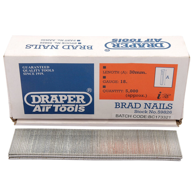 Draper Brad Nails, 30mm (Pack of 5000) 59826 Draper - Dynamic Drive