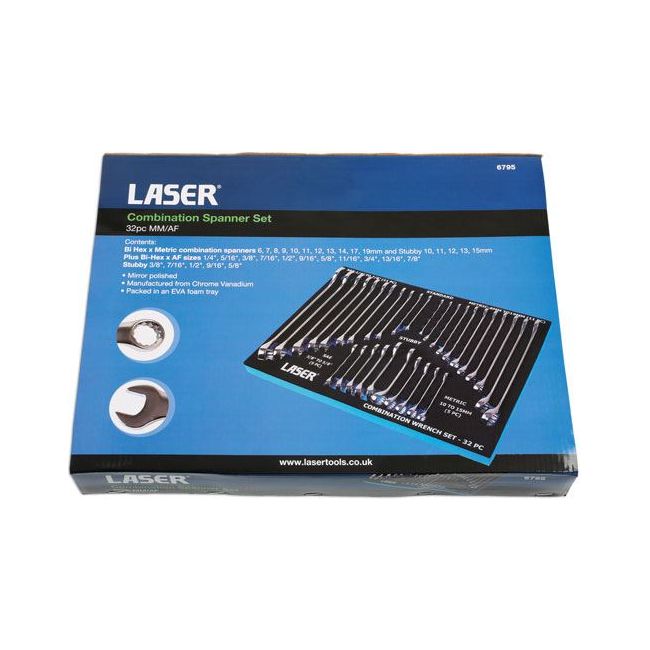 Laser AF/Metric Combination Spanner Set 32pc 6795 Laser - Dynamic Drive