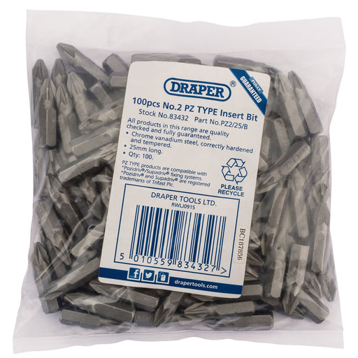 Draper PZ TYPE Insert Bits, 1/4", No.2 (Bag of 100) 83432 Draper - Dynamic Drive