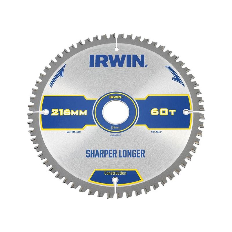 Irwin® Construction Mitre Circular Saw Blade 216 x 30mm x 60T ATB/Neg IRWIN® - Dynamic Drive