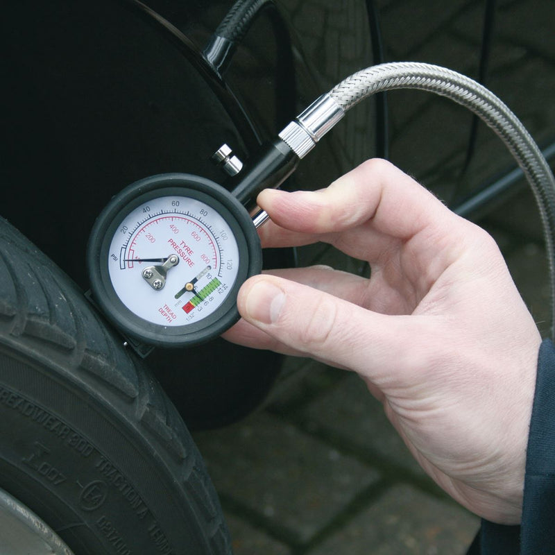 Sealey Tyre Pressure Gauge & Tyre Tread Depth Gauge Flexible Hose 0-8bar(0-120ps Sealey - Dynamic Drive