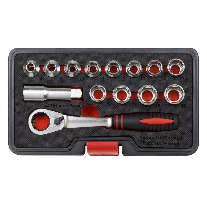 Sealey Premier 14pc Low Profile Go Through Socket Set 8-19mm 72 Tooth Ratchet Sealey  - Dynamic Drive