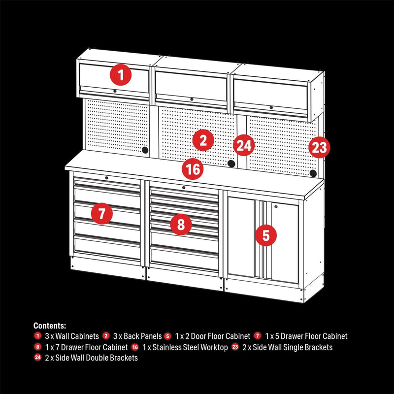 Draper BUNKER Modular Storage Combo with Stainless Steel Worktop (14 Piece) Draper - Dynamic Drive