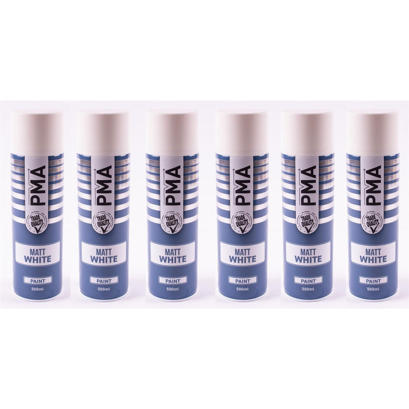 6 x PMA Aerosol Spray Paint Matt White Acrylic High Coverage 500ml PMA - Dynamic Drive