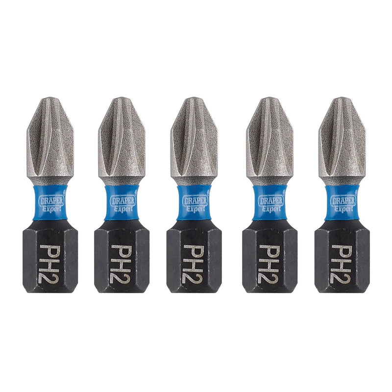 Draper Expert Cross Slot/PH Type Impact Screwdriver Bits, No.2 x 25mm, 1/4" Hex Draper - Dynamic Drive