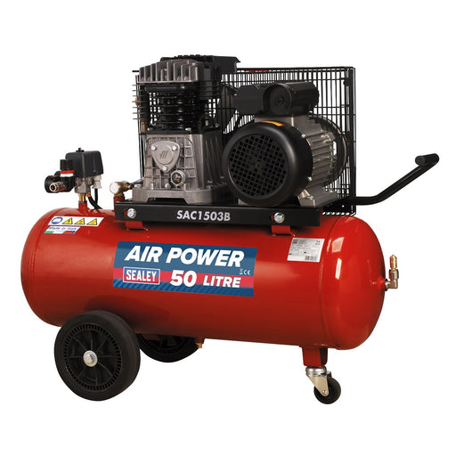 Sealey Air Compressor 50L Belt Drive 3hp with Cast Cylinders & Wheels SAC1503B Sealey - Dynamic Drive