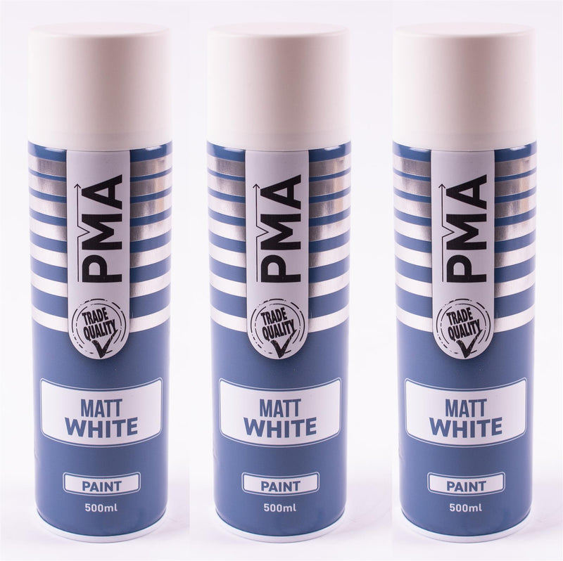 3 x PMA Aerosol Spray Paint Matt White Acrylic High Coverage 500ml PMA - Dynamic Drive