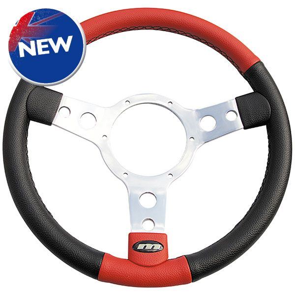 Classic 13"  3 spoke Vinyl Steering Wheel With Polished Centre - Black with red Mountney Classic  - Dynamic Drive