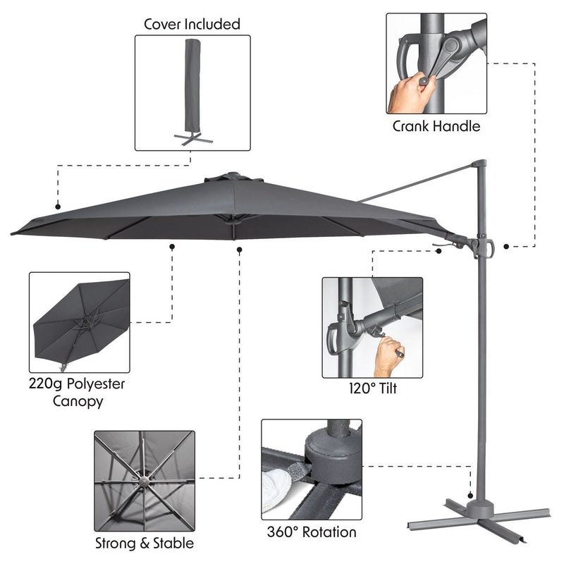 Dellonda Cantilever Parasol with 360 Rotation, Tilt & Cover 3m - Grey Dellonda - Dynamic Drive