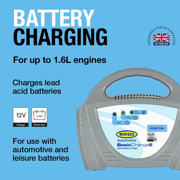 Ring Automotive - RCB106 6A Battery Charger, 12V Lead Acid Batteries,Grey, Vehic Ring Automotive - Dynamic Drive