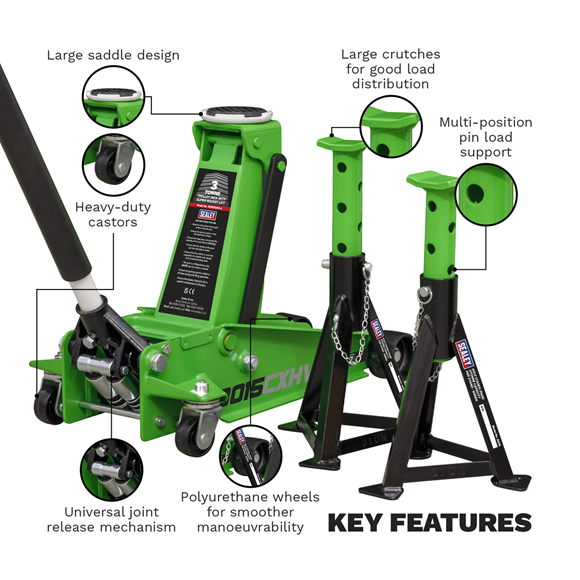 Sealey Trolley Jack 3 Tonne with Super Rocket Lift & AXLe Stands (Pair) 3 Tonne Sealey - Dynamic Drive