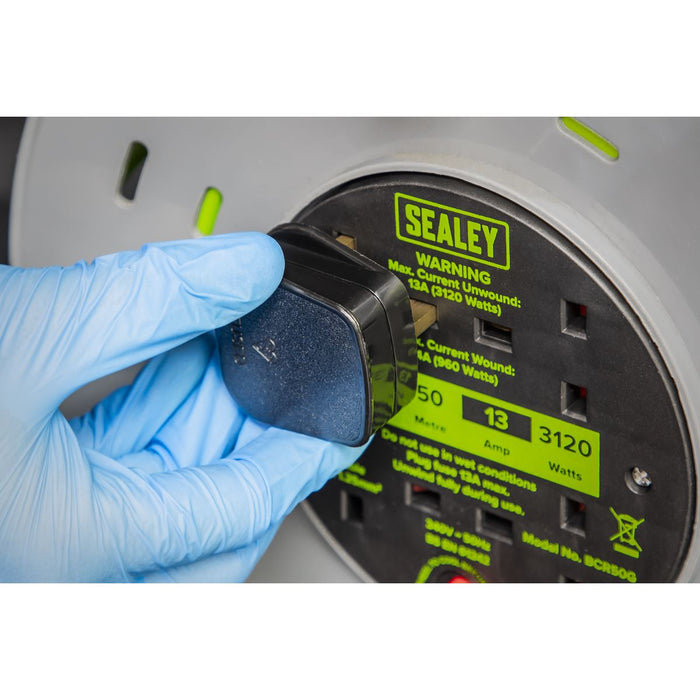Sealey 50m Cable Reel with Thermal Trip 4 x 230V - Hi-Vis Green BCR50G Sealey - Dynamic Drive