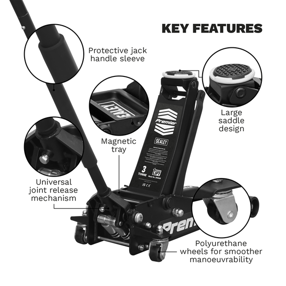 Sealey Trolley Jack 3 Tonne Rocket Lift Black 3040AB Sealey - Dynamic Drive