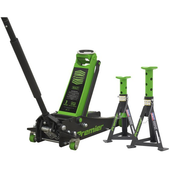 Sealey Trolley Jack 3tonne & AXLe Stands (Pair) 3tonne per Stand Combo Sealey - Dynamic Drive