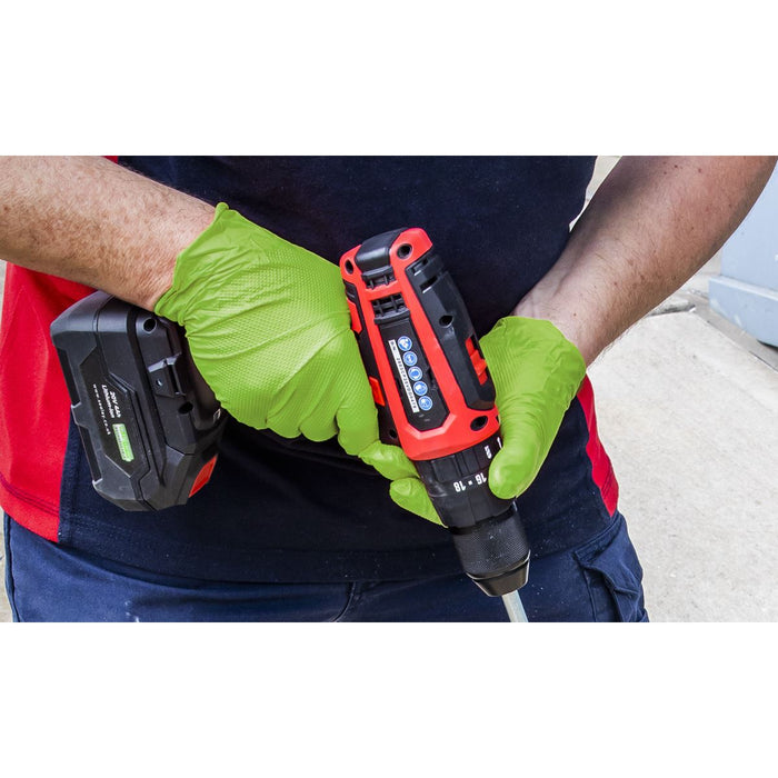 Diamond Grip Extra-Thick Nitrile Powder-Free Gloves Hi-Vis Green XL Pack of 50 Sealey - Dynamic Drive