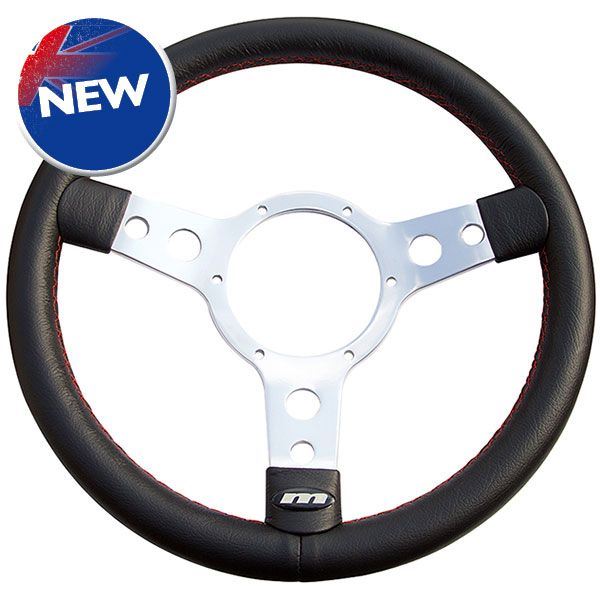13" 3 spoke Leather Steering Wheel Polished Centre Black Red stitching Mountney Classic  - Dynamic Drive
