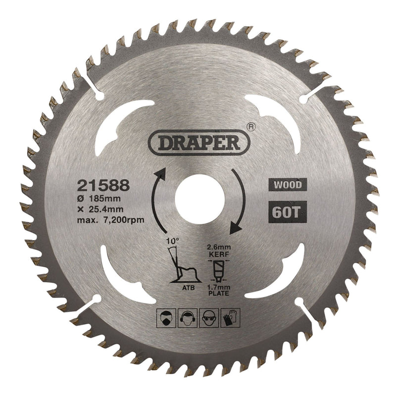 Draper TCT Circular Saw Blade for Wood, 185 x 25.4mm, 60T 21588 Draper - Dynamic Drive