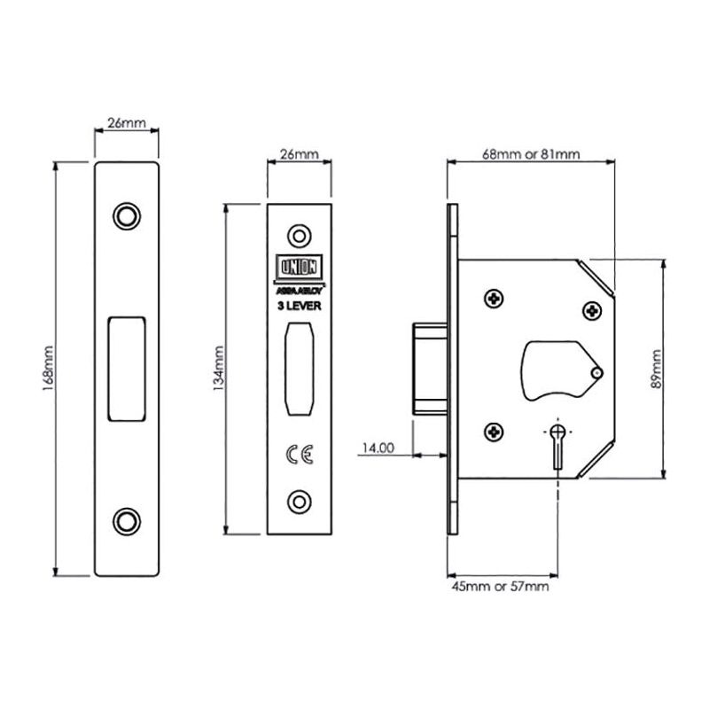 Union StrongBOLT 2103S 3 Lever Mortice Deadlock Polished Brass 81mm 3in Visi UNION - Dynamic Drive