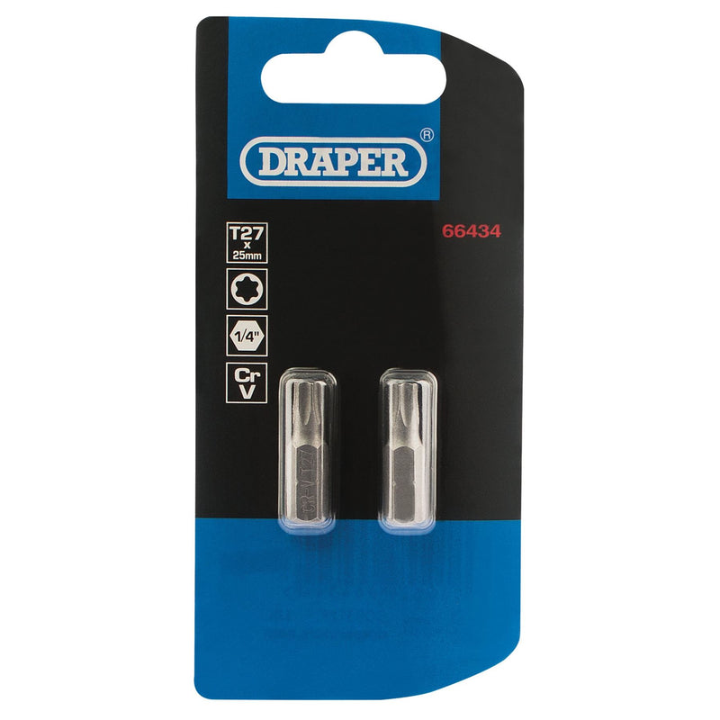 Draper TX-STAR Insert Bit, 1/4" Hex, 25mm Long, T27 (Pack of 2) Draper - Dynamic Drive