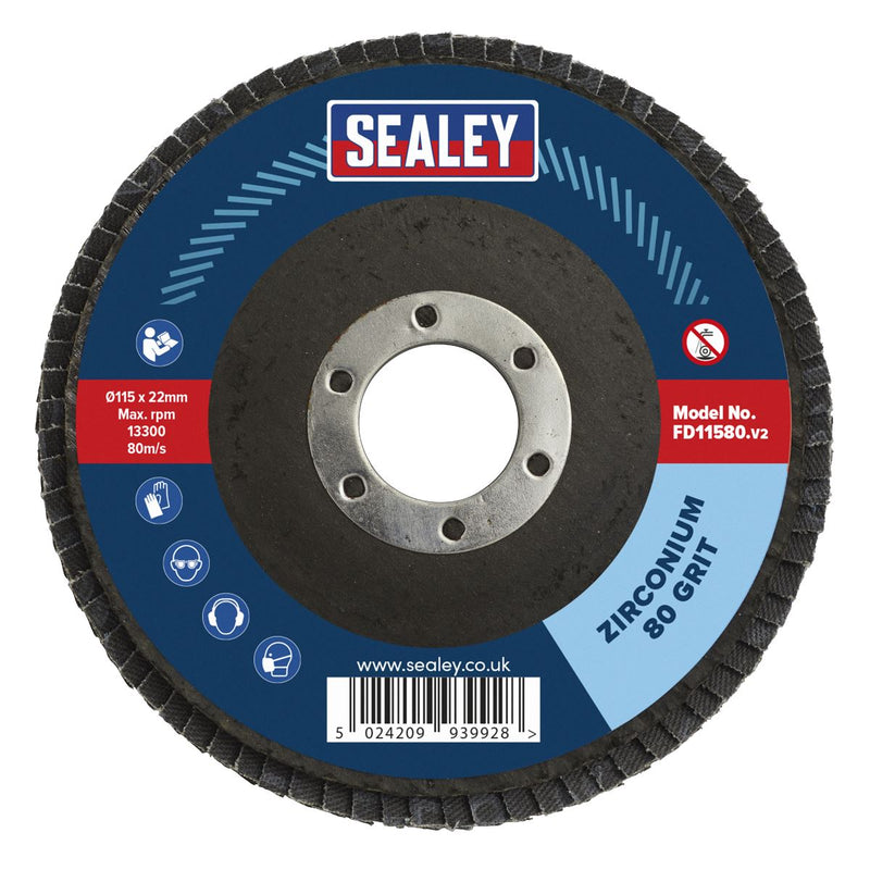Sealey Flap Disc Zirconium 115mm 22mm Bore 80Grit FD11580 Sealey  - Dynamic Drive