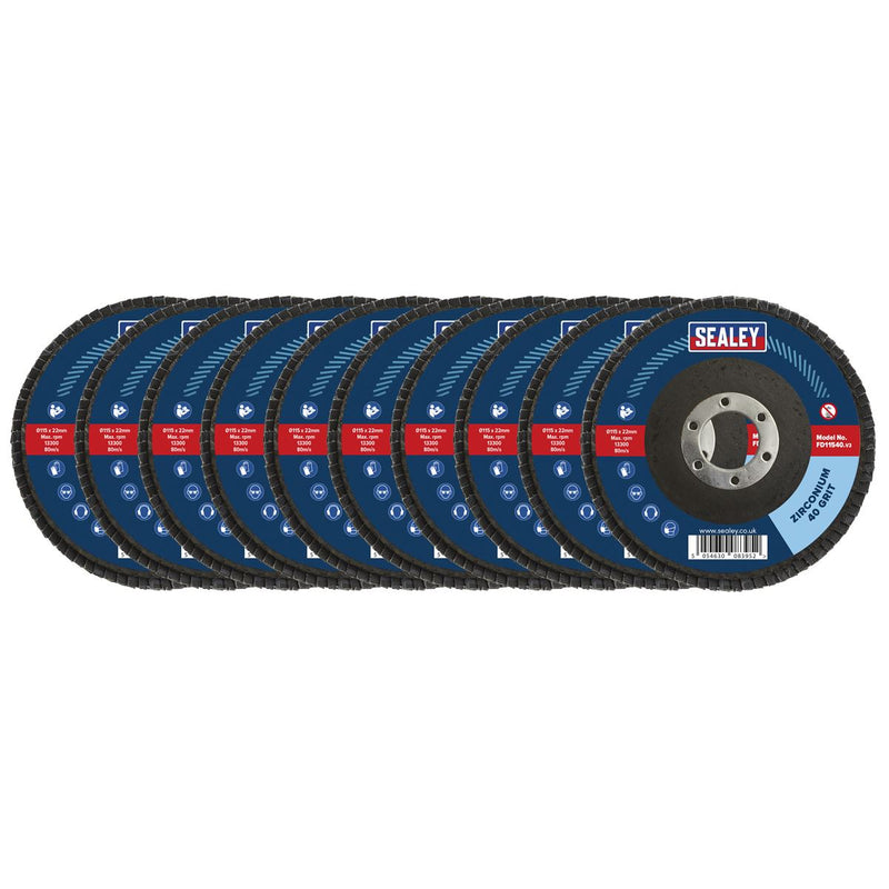 Sealey 115mm Zirconium Flap Discs 40Grit 22mm Bore - Pack of 10 FD1154010 Sealey - Dynamic Drive